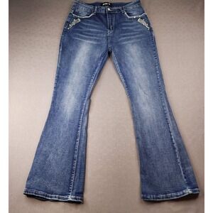 Sky Premium Denim Bootcut Jeans Blue Skull Wing Rhinestone Embellished Womens